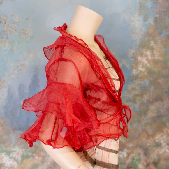 SOLD * 1930s Bias-Cut Plaid Maxi Dress w/Red Sheer Ruffle Overlay Set - Picture 10 of 17